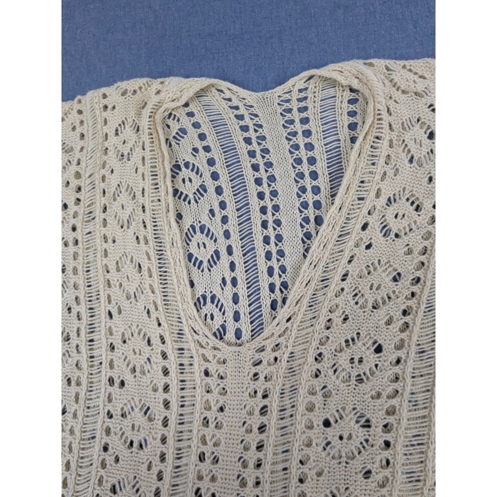 Cream Crochet Knit V-Neck Poncho Top with Side Tassel Ties One Size Boho - Picture 4 of 11